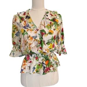 Philosophy Fruit Print Peplum Blouse Cream Multicolor Size XS NWT